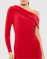 Red Ruched Jersey Drop Shoulder Foldover Gown